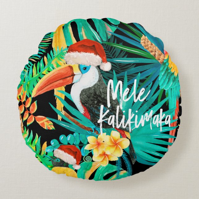 Mele Kalikimaka Tropical Jungle Birds Round Pillow (Front)