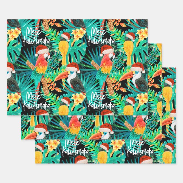 Mele Kalikimaka Tropical Jungle Birds Wrapping Paper Sheets (Set)