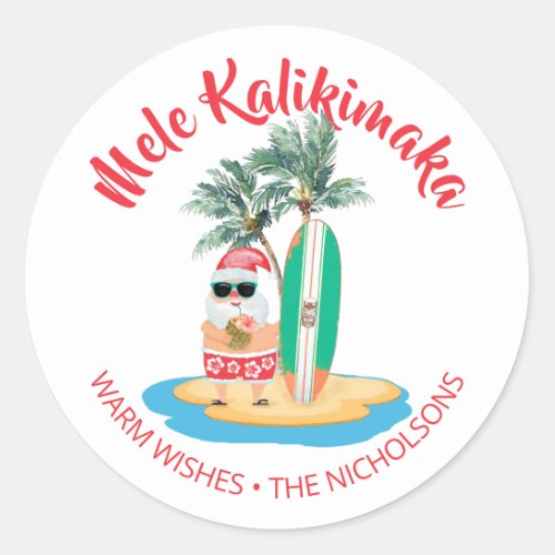 Mele Kalikimaka Tropical Surfing Santa Christmas Classic Round Sticker