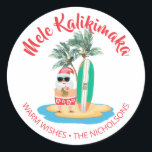 Mele Kalikimaka Tropical Surfing Santa Christmas Classic Round Sticker<br><div class="desc">Beach theme Christmas stickers feature Santa sipping from a pineapple,  with a surfboard and palm trees on a tropical island,  and the Hawaiian "Mele Kalikimaka" (Merry Christmas) holiday greeting. Can be used as gift and favor tags and envelope seals. Original artwork KL Stock.</div>