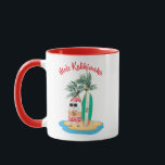 Mele Kalikimaka Tropical Surfing Santa Christmas Mug<br><div class="desc">Beach theme Christmas mug features Santa sipping from a pineapple,  with a surfboard and palm trees on a tropical island,  and the Hawaiian "Mele Kalikimaka" (Merry Christmas) holiday greeting. Original artwork KL Stock.</div>