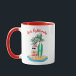 Mele Kalikimaka Tropical Surfing Santa Christmas Mug<br><div class="desc">Beach theme Christmas mug features Santa sipping from a pineapple,  with a surfboard and palm trees on a tropical island,  and the Hawaiian "Mele Kalikimaka" (Merry Christmas) holiday greeting. Original artwork KL Stock.</div>