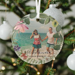 Mele Kalikimaka Tropical Wreath Photo Glass Orname Glass Ornament<br><div class="desc">Celebrate your holidays Mele Kalikimaka style with this gorgeous photo keepsake glass ornament. Design features a picture of your choice,  framed with a tropical wreath,  made up of exotic flowers and botanical foliage,  calligraphy script font and name/s.</div>