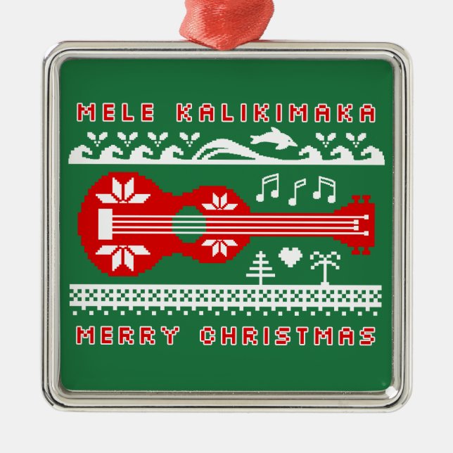 Mele Kalikimaka Ugly Sweater (Red on Green) Metal Ornament (Front)