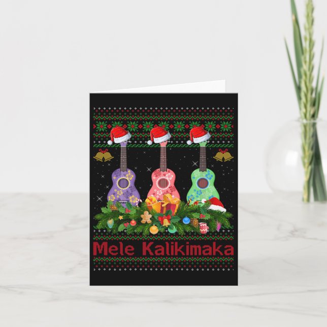 Mele Kalikimaka Ukulele Guitar Ugly Xmas Sweaters  Card (Front)