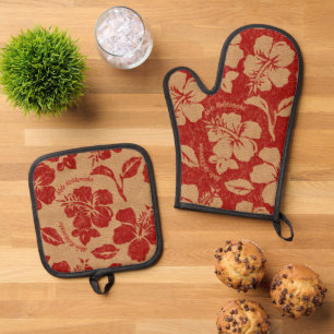 Mele Kalikimaka Vintage Hawaiian Hibiscus Red Oven Mitt & Pot Holder Set