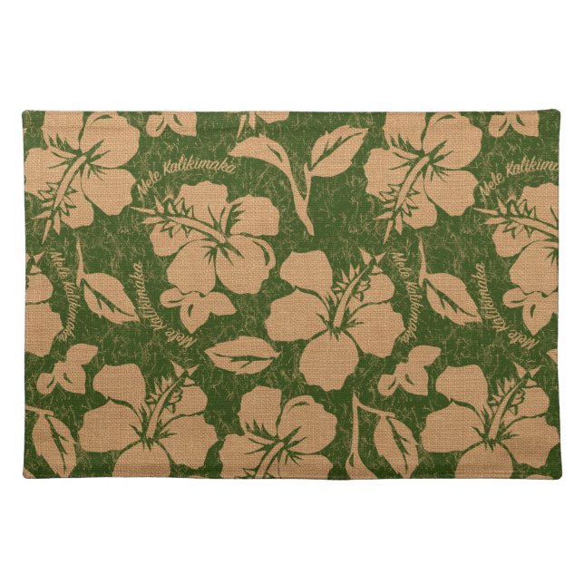 Mele Kalikimaka Vintage Pareau Hawaiian Hibiscus Cloth Placemat (Front)