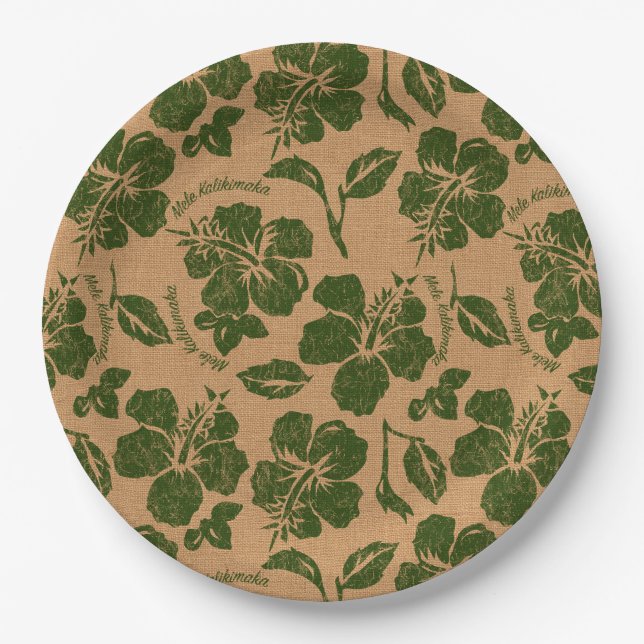 Mele Kalikimaka Vintage Pareau Hawaiian Hibiscus Paper Plates (Front)