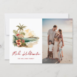 Mele Kalikimaka Watercolor Beach Floral Photo Holiday Card