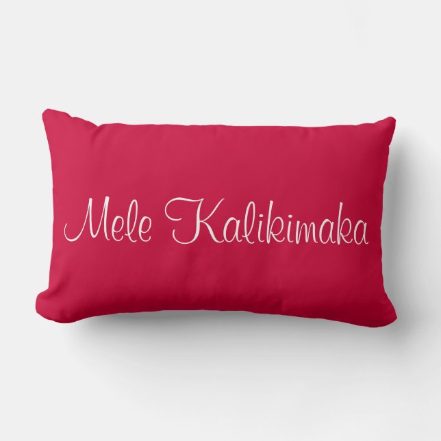 Mele Kalikimaka White Calligraphy Bright Red Lumbar Pillow (Front)