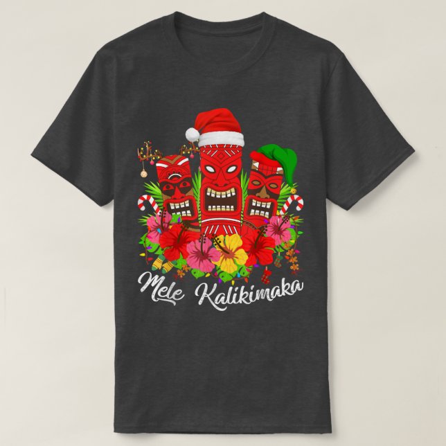 Mele Kalikimaka Xmas Lights Hawaiian Tiki Christma T-Shirt (Design Front)