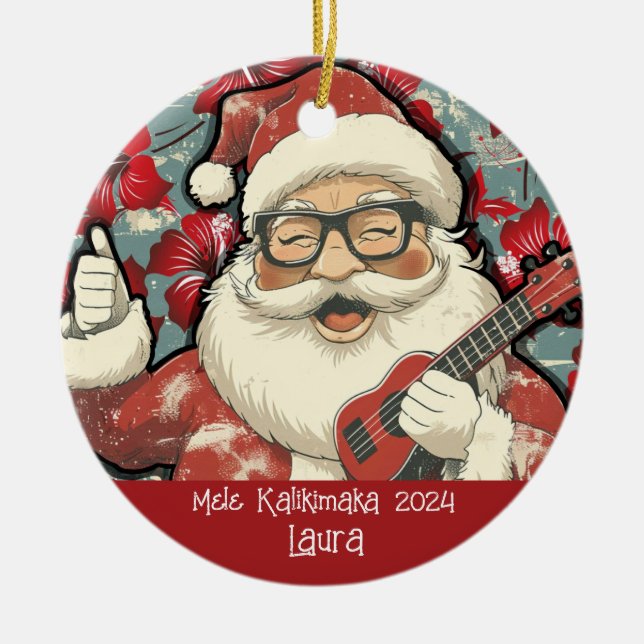 Mele Kamikimaka Hawaiian Santa Ornament (Front)