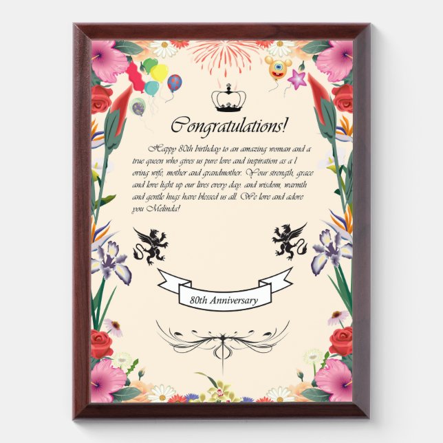 Melinda's 80th Birthday  Greeting Card Award Plaque (Vertical)