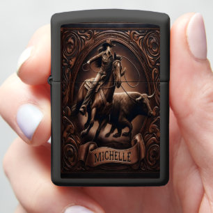 Melissa Cowgirl Riding Horse Past Bull Zippo Lighter