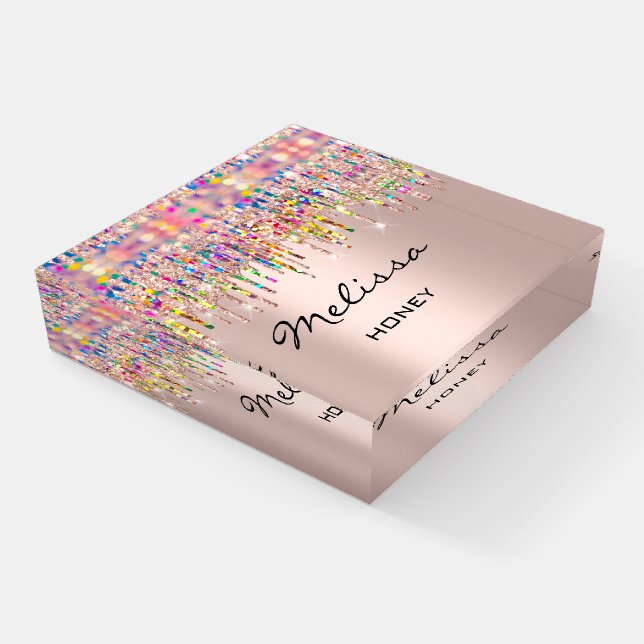 Melissa  NAME MEANING Holographic Rose DRIPS Paperweight (Angled)