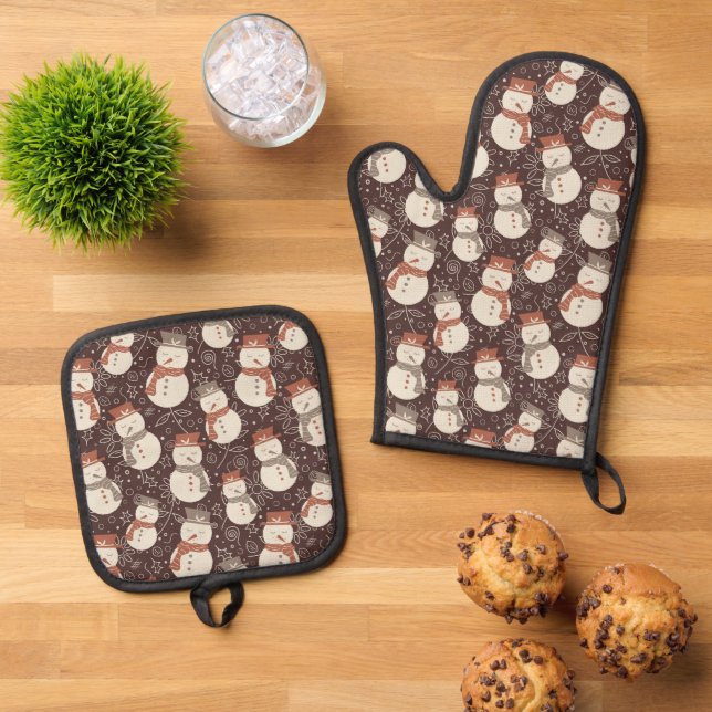 Mellow Snowmen - Christmas snowman pattern red. Oven Mitt & Pot Holder Set (Top Down)