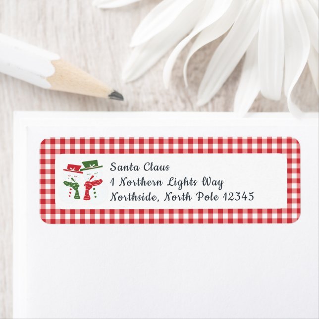 Mellow Snowmen Gingham - classic red white check. Label (Insitu)