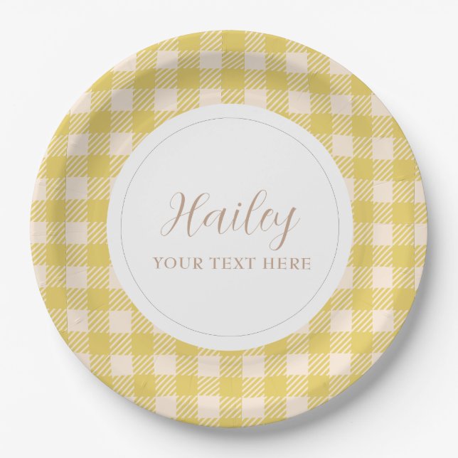 Mellow yellow vichy gingham plaid checked Party Paper Plates (Front)