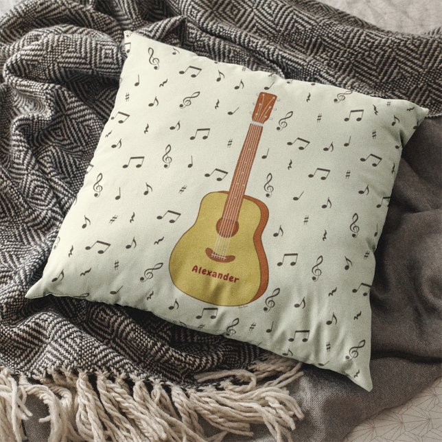 Melodic Guitarist Music Note Design Throw Pillow (Guitar With Music Notes Personalized Throw Pillow)