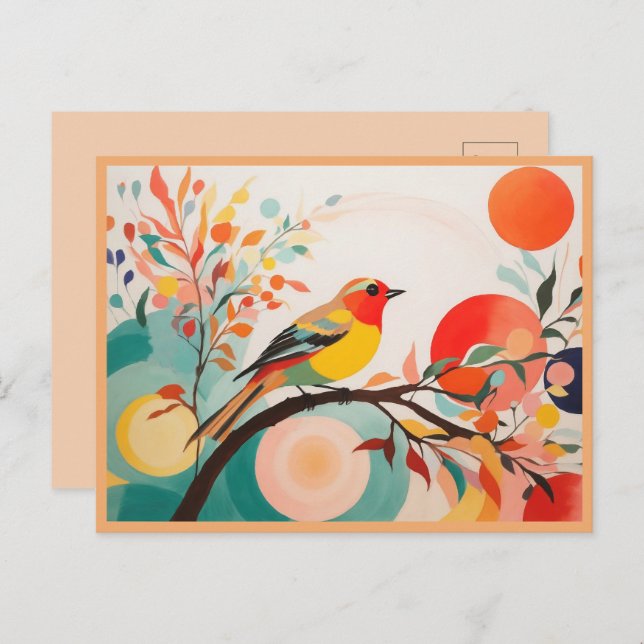 Melodic Harmony, Abstract Songbird on Tree Branch Postcard (Front/Back)