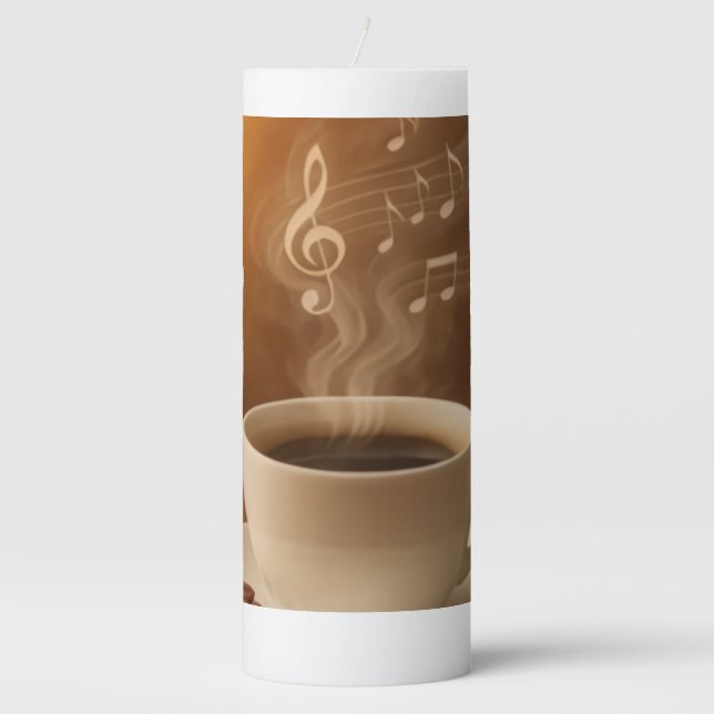 "Melodies in Steam: Musical Coffee Cup Art Mug" Pillar Candle (Front)