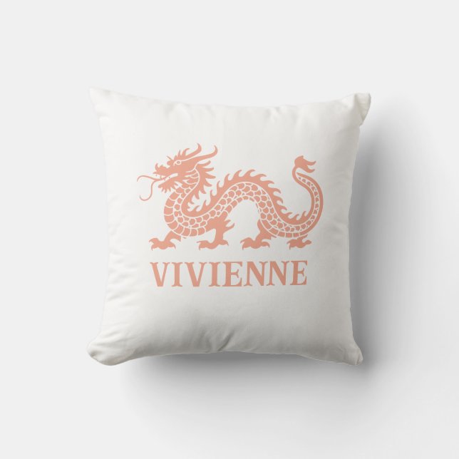 Melon Coral Chinoiserie Dragon Custom Name Throw Pillow (Front)