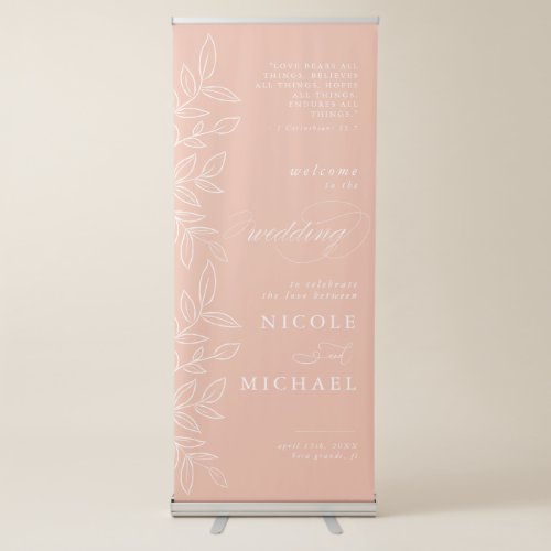 Melon Pink Elegant Leaves Bible Verse Wedding Retractable Banner