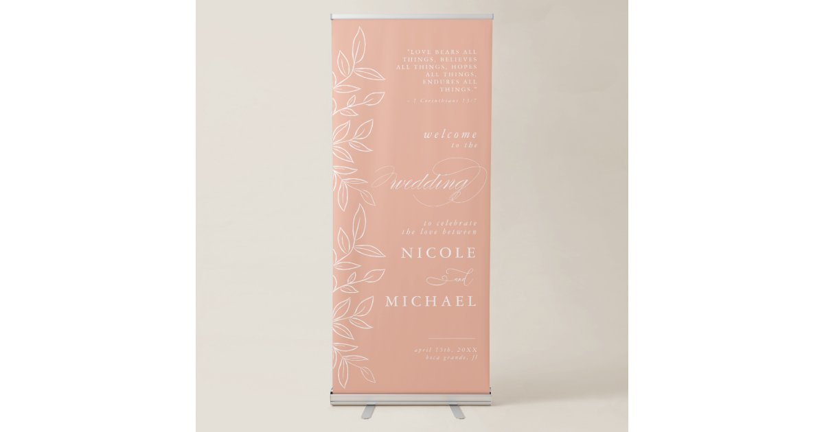 Melon Pink Elegant Leaves Bible Verse Wedding Retractable Banner Zazzle