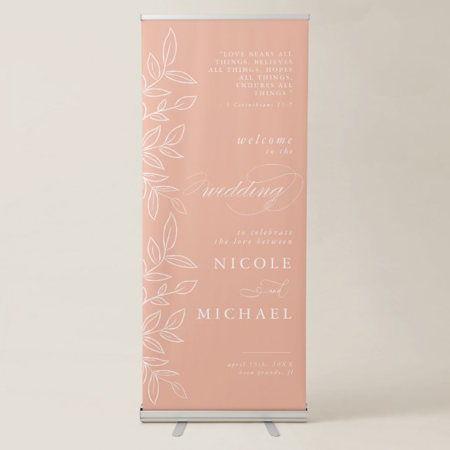 Melon Pink Elegant Leaves Bible Verse Wedding Retractable Banner (Front)