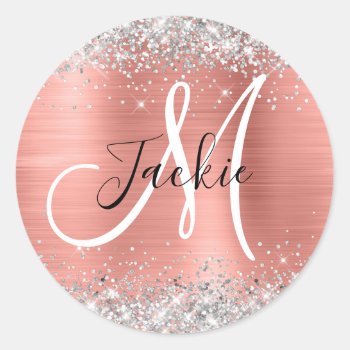 Melon Pink Ombre Foil Silver Glitter Monogram Classic Round Sticker by pinkgifts4you at Zazzle
