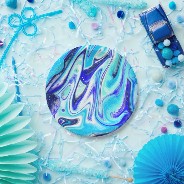 Melted Blue | Marble Fluid Art Paper Plates (Party)