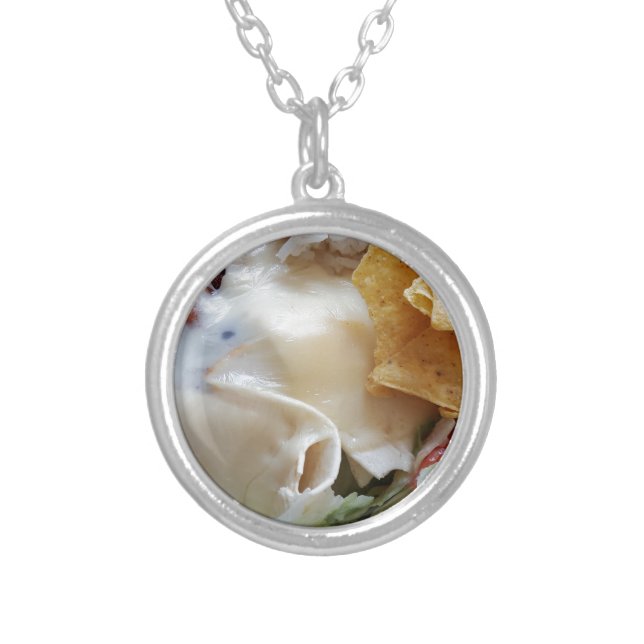 Melted Cheese Nacho Funny Food Silver Plated Necklace (Front)