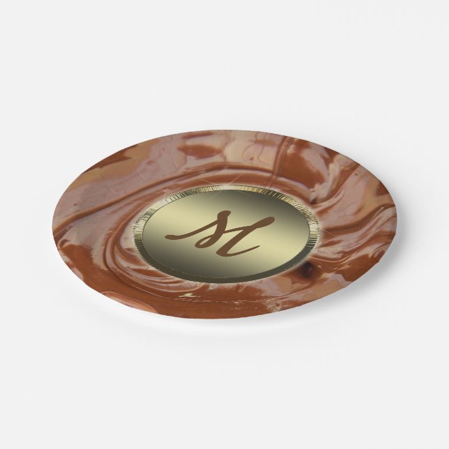 Melted chocolate cocoa fudge swirl dessert brown  paper plates (Angled)