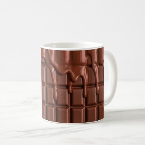 Melted chocolate dripping over a chocolate block coffee mug