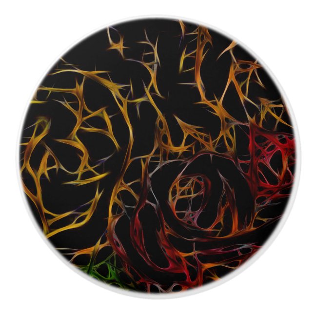 Melted Red Orange Green Black Abstract Light Ceramic Knob (Front)