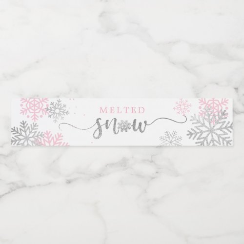 Melted Snow Pink And Silver Snowflakes Winter Water Bottle Label