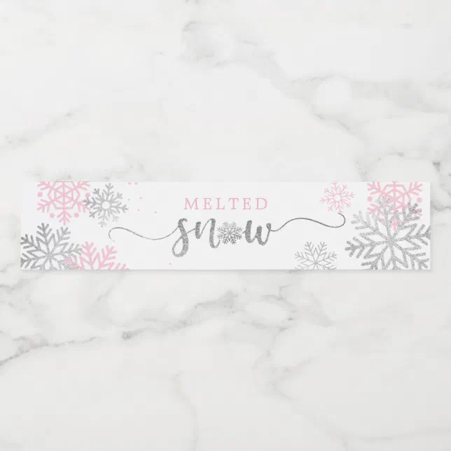 Cold Snow Label Melted Snow Pink And Silver Snowflakes Winter Water Bottle Label | Zazzle