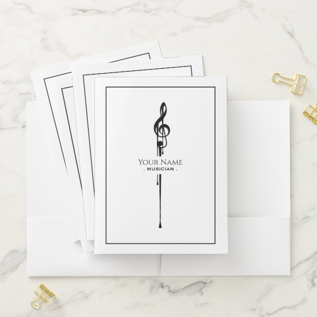 Melting Black Treble Clef Classy White Pocket Folder (In Situ)