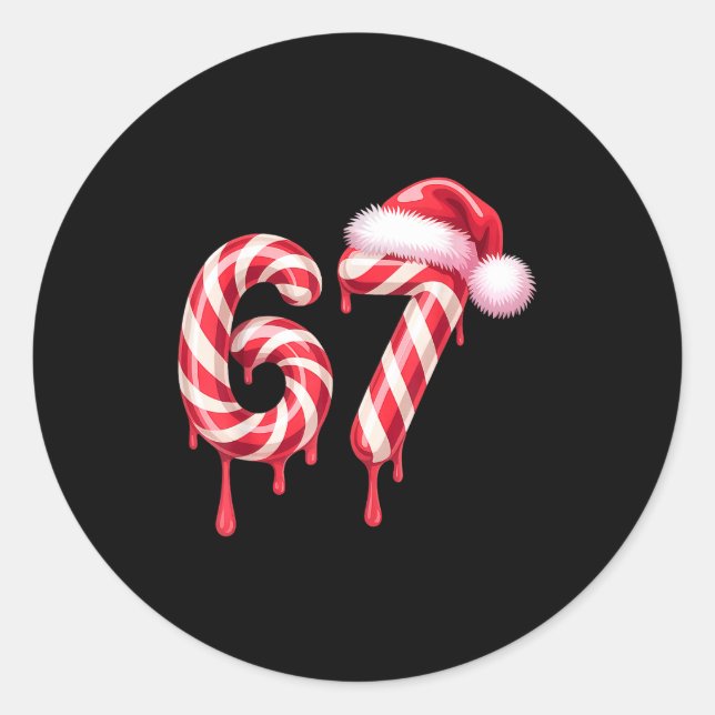 Melting Candy Cane 67 Christmas, Santa Hat Holiday Classic Round Sticker (Front)
