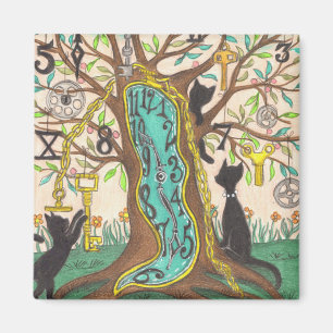 Melting clock in tree with cats magnet