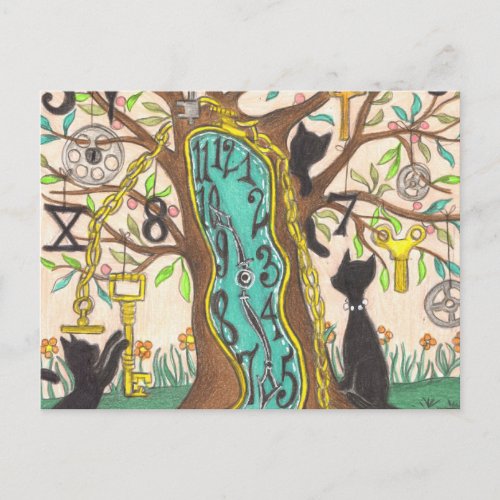Melting clock in tree with cats postcard