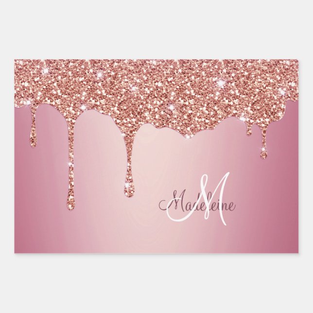 Melting Girly Pink Sparkles Personalized with Name Wrapping Paper Sheets (Front 3)