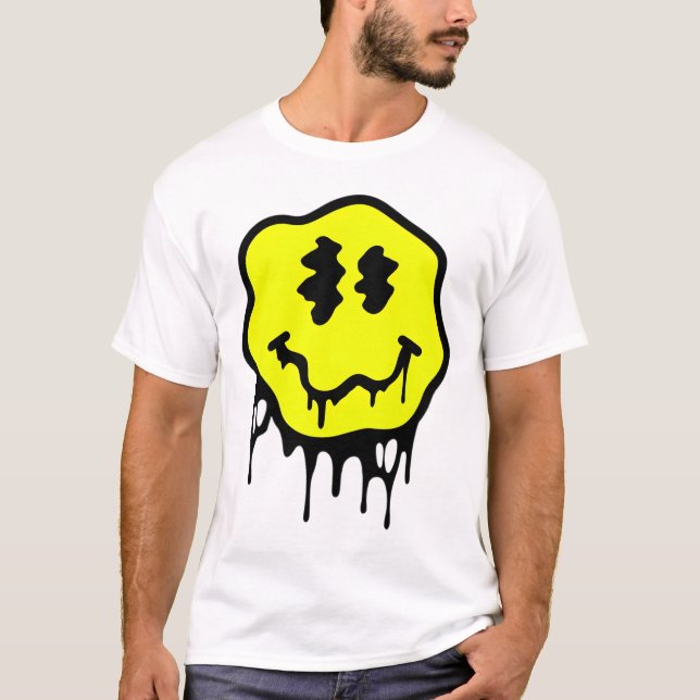 "Melting Graffiti Smiley Face – Trippy Yellow Drip T-Shirt (Front)