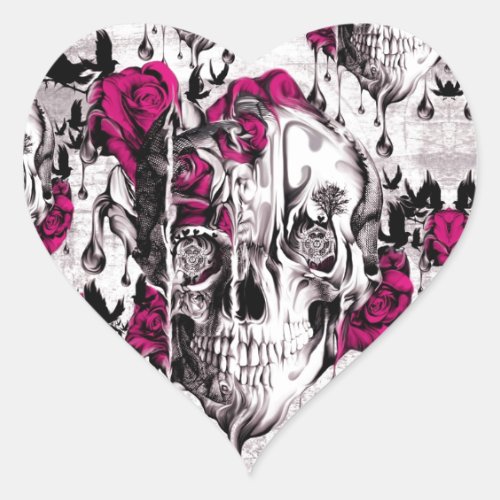 Melting Rose skull in grey and pink Heart Sticker