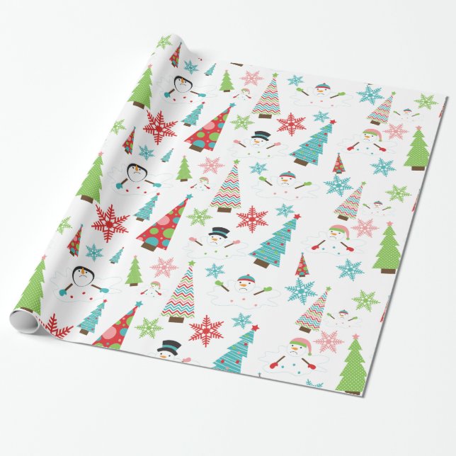 Melting Snowman Funky Christmas Trees Gift Wrap (Unrolled)