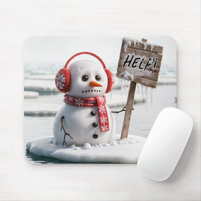 Melting Snowman On Ice Floe With Help Sign Mouse Pad (With Mouse)