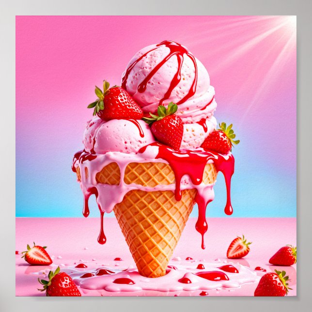 Melting strawberry ice cream cone poster (Front)