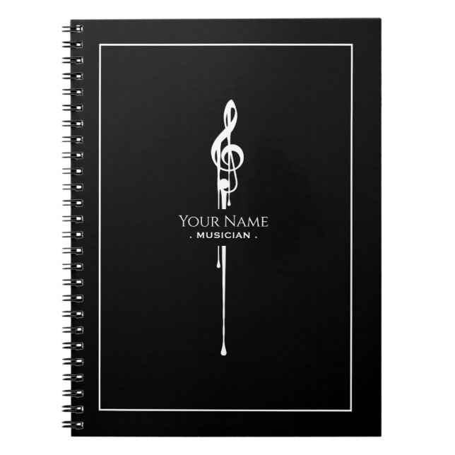 Melting White Treble Clef Classy Black Notebook (Front)