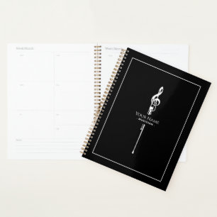 Melting White Treble Clef Classy Black Planner