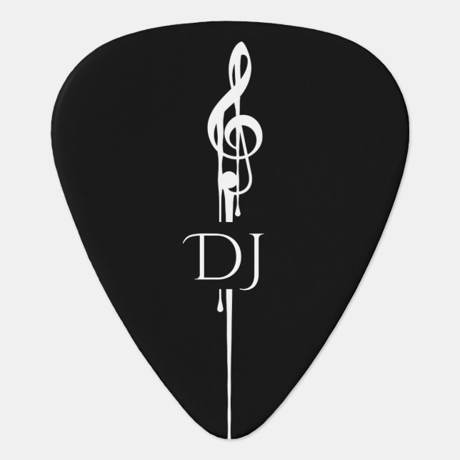 Melting White Treble Clef Monogram on Classy Black Guitar Pick (Front)